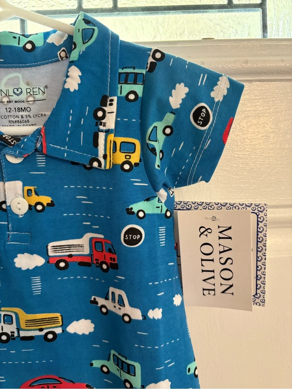 Ann Loren Blue Short-Sleeve Button Romper with Multicolor Car Print